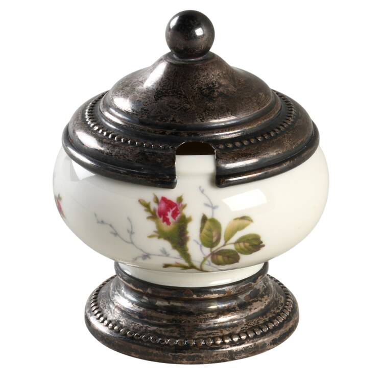 Moss Rose (Pompadour, Ivory Body, Off Center) Sterling Base Salt Cellar & Lid