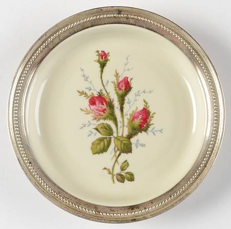 Moss Rose (Pompadour, Ivory Body, Off Center) Wine Bottle Coaster with Sterling Rim