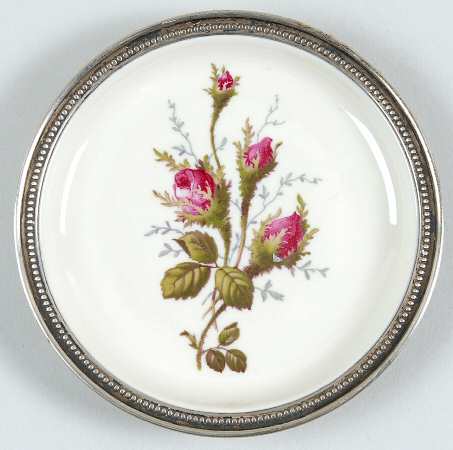 Moss Rose (Pompadour, Ivory Body, Off Center) Wine Bottle Coaster with Sterling Rim