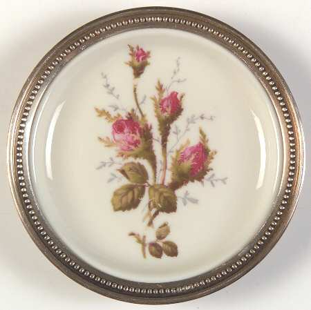 Moss Rose (Pompadour, Ivory Body, Off Center) Coaster with Sterling Rim
