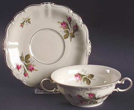 Moss Rose (Pompadour, Ivory Body, Off Center) Flat Cream Soup Bowl & Saucer Set