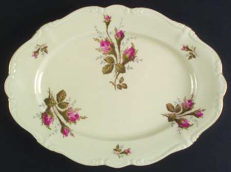 Moss Rose (Pompadour, White Body, Off Center) 12" Oval Serving Platter