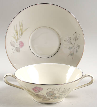 Parisian Spring White (Platinum Trim) Flat Cream Soup Bowl & Saucer Set