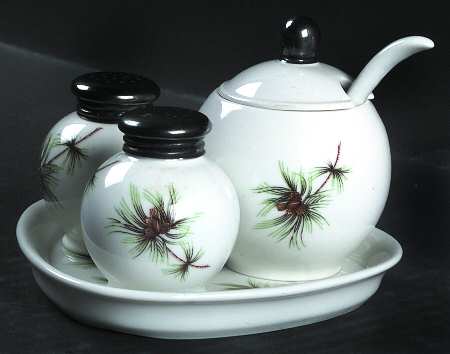Pine Needles 5-Piece Condiment Set (Salt, Pepr, Mustard & Tray)