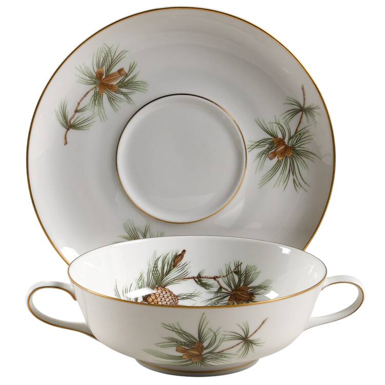 Pine Needles Flat Cream Soup Bowl & Saucer Set