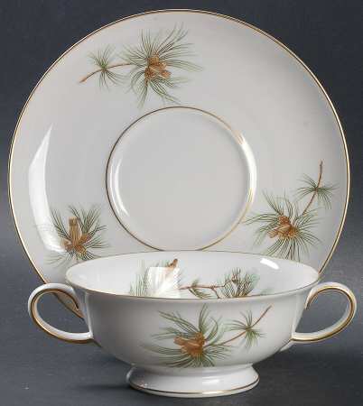 Pine Needles Footed Cream Soup Bowl & Saucer Set