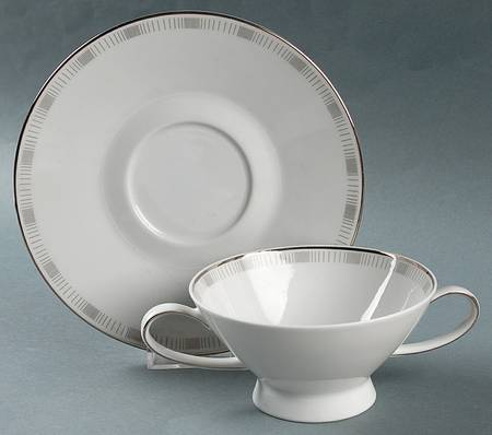 Platinum Lines Footed Cream Soup Bowl & Saucer Set