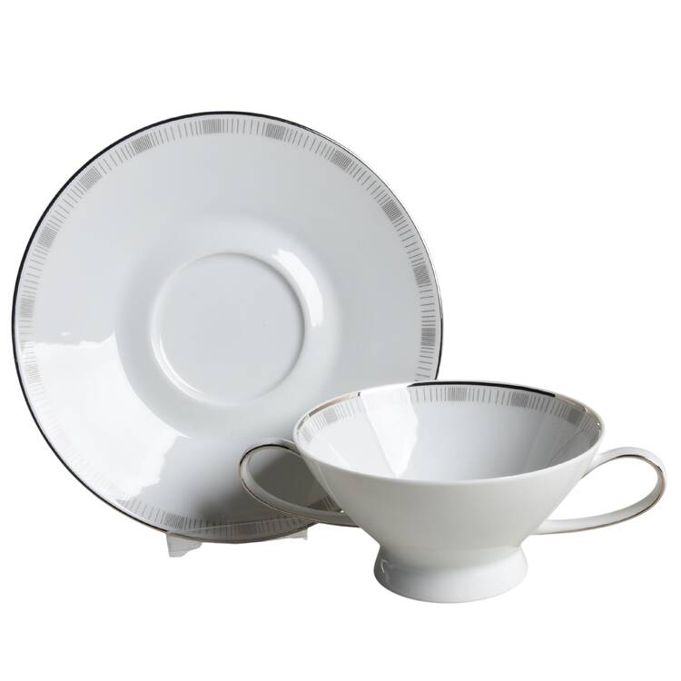 Platinum Lines Footed Cream Soup Bowl & Saucer Set