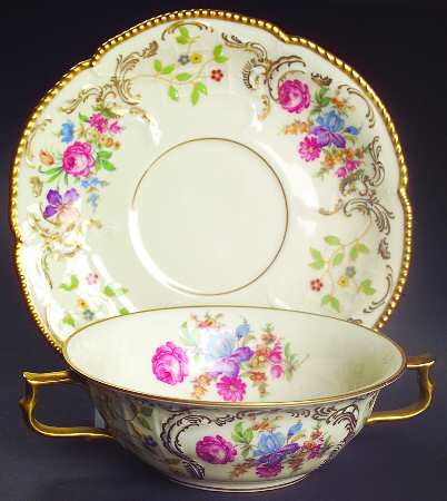 Pompadour (Sanssouci Shape) Flat Cream Soup Bowl & Saucer Set