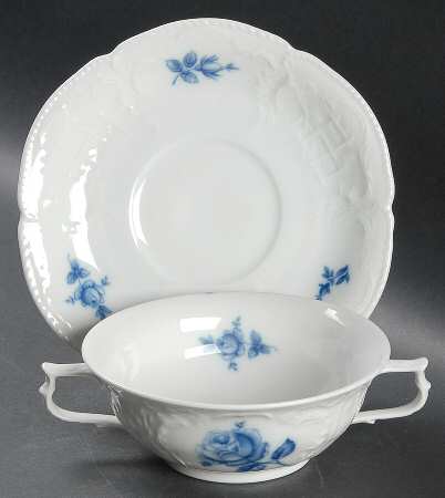 Sansoucci Blue Rose Flat Cream Soup Bowl & Saucer Set