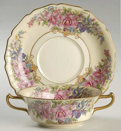 Gwendolyn (Yellow or Yellow & Red Scrolls) Footed Cream Soup Bowl & Saucer Set