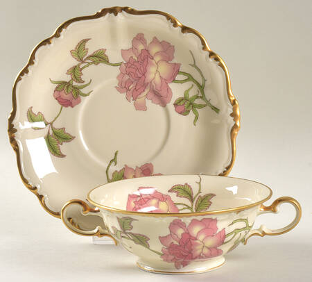 Rigoletto (Pompadour, Gold) Footed Cream Soup Bowl & Saucer Set
