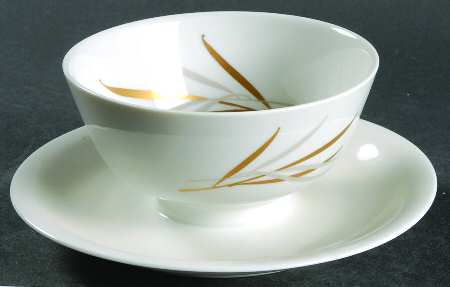 Royal (Form E, Gray and Gold Leaves) Round Gravy Boat/Attached Underplate