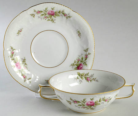 Sanssouci Rose White (Gold Trim) Flat Cream Soup Bowl & Saucer Set
