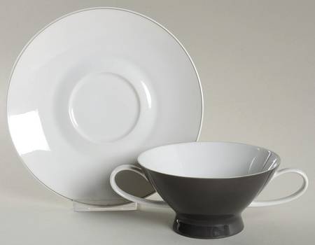 Secunda Gray Footed Cream Soup Bowl & Saucer Set