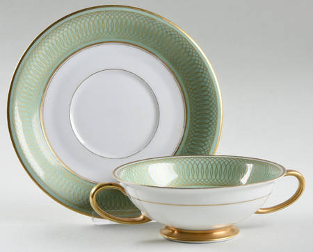 Spencerian Celadon Green Footed Cream Soup Bowl & Saucer Set