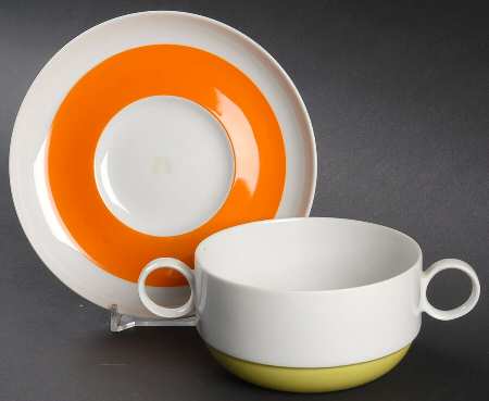 Springtime White (Yellow Inner Ring) Flat Cream Soup Bowl & Saucer Set