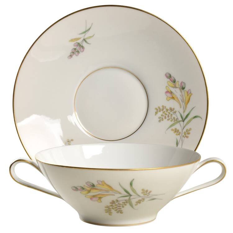 Summer Blossoms White Flat Cream Soup Bowl & Saucer Set