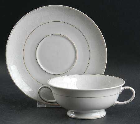 White Velvet (Gold) Footed Cream Soup Bowl & Saucer Set