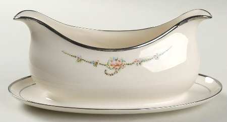 June Rose (Platinum Trim) Gravy Boat with Attached Underplate