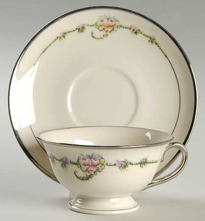 June Rose (Platinum Trim) Footed Cup & Saucer Set