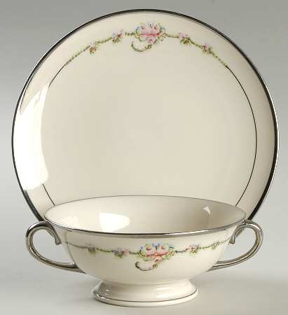 June Rose (Platinum Trim) Footed Cream Soup Bowl & Saucer Set
