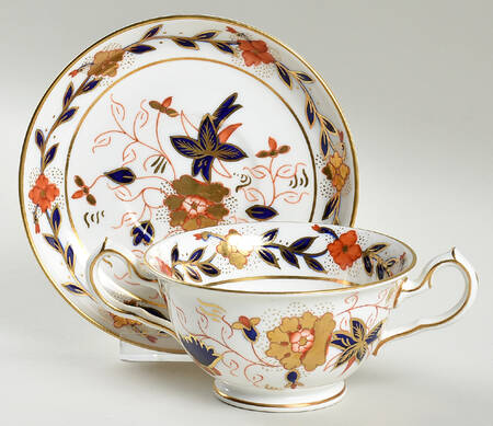 Asian Rose (Duesbury Shape) Footed Bouillon Cup & Saucer
