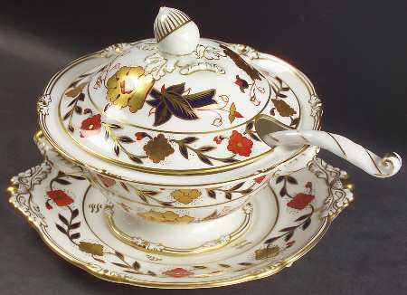 Asian Rose (Duesbury Shape) Sauce Boat & Lid & Underplate & Ladle