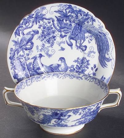 Blue Aves Footed Cream Soup Bowl & Saucer Set