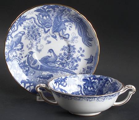 Blue Aves Footed Cream Soup Bowl & Saucer Set