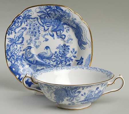Blue Aves Footed Cream Soup Bowl & Saucer Set