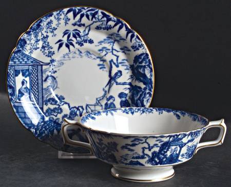 Blue Mikado Footed Cream Soup Bowl & Saucer Set