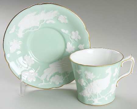 Chinese Birds Celadon Flat Cup & Saucer Set