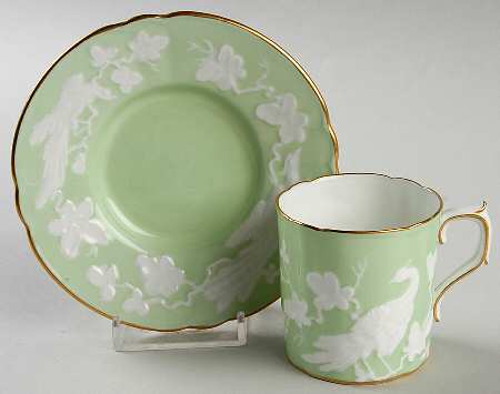 Chinese Birds Celadon Flat Demitasse Cup & Saucer Set
