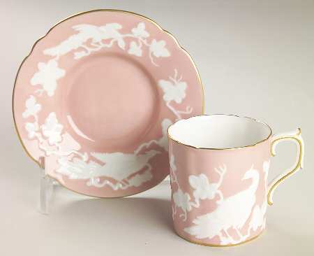 Chinese Birds Salmon Flat Demitasse Cup & Saucer Set