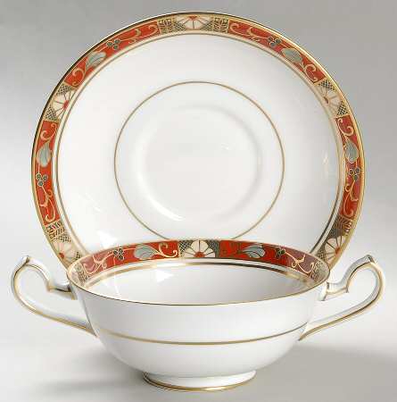 Cloisonne Footed Cream Soup Bowl & Saucer Set