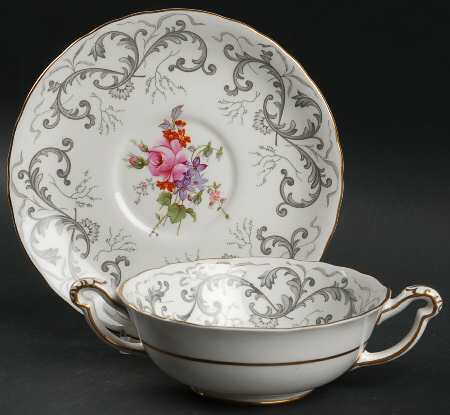 Grey Scroll Footed Cream Soup Bowl & Saucer Set by Royal Crown Derby