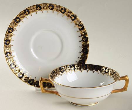 Heraldic Cobalt Blue Footed Cream Soup Bowl & Saucer Set