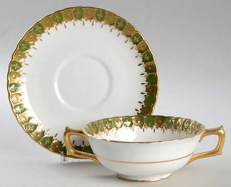 Heraldic Green Footed Cream Soup Bowl & Saucer Set