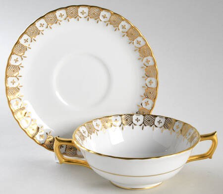 Heraldic Gold Footed Cream Soup Bowl & Saucer Set