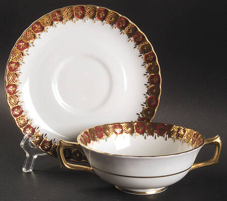 Heraldic Maroon Footed Cream Soup Bowl & Saucer Set