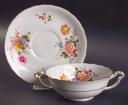 Posie Ely Chelsea (White Background) Footed Cream Soup Bowl & Saucer Set