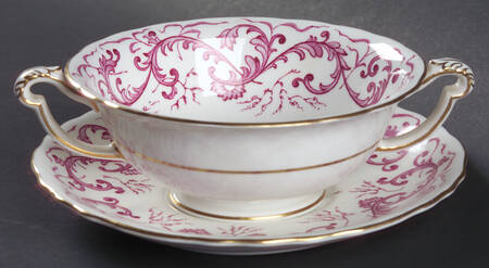 Purple Scroll Footed Cream Soup Bowl & Saucer Set