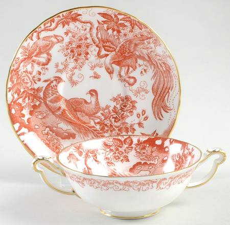 Red Aves (Older, Discontinued 1997) Footed Cream Soup Bowl & Saucer Set