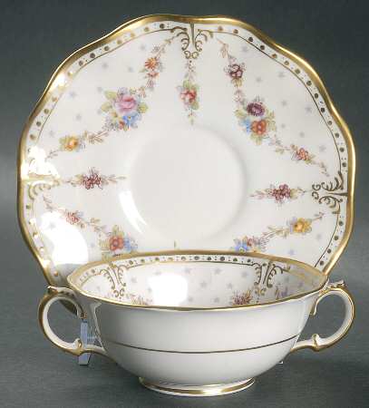 Royal Antoinette Footed Cream Soup Bowl & Saucer Set by Royal Crown Derby