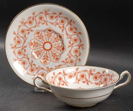 Rougemont (Duesbury Shape, Smooth) Footed Cream Soup Bowl & Saucer Set