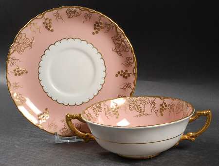 Vine Pink (Salmon, No Floral Center) Footed Cream Soup Bowl & Saucer Set by Royal Crown Derby