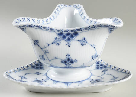 Blue Fluted Full Lace (No Trim) Gravy Boat with Attached Underplate