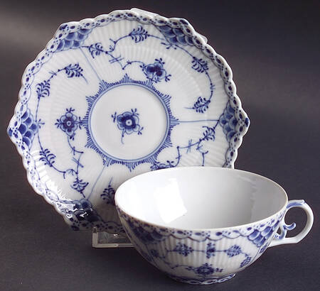Blue Fluted Full Lace (No Trim) Flat Cup & Saucer Set
