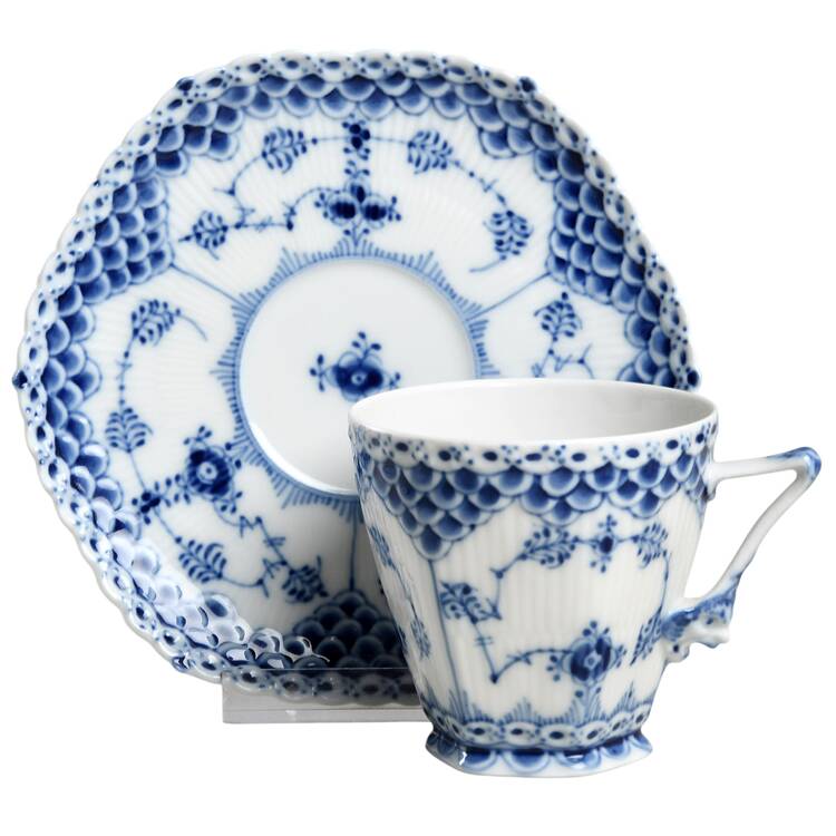 Blue Fluted Full Lace (No Trim) Footed Cup & Saucer Set